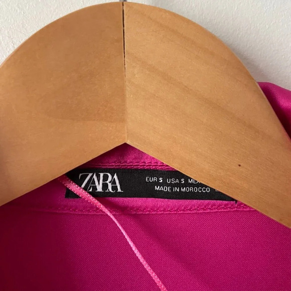 Zara Satin Effect Long Sleeve Ruffle Cuff Lapel Collar Mini Dress Fushia Pink Sm - Picture 10 of 11